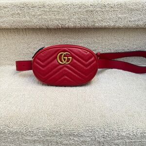 Gucci Red Quilted Leather GG Marmont Waist Belt Bag Size 95/38